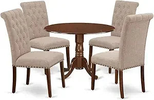 DLBR5-MAH-04 5 Piece Dining Room Furniture Set Includes a Round Dining Table with Dropleaf and 4 Light Tan Linen Fabric Upholst