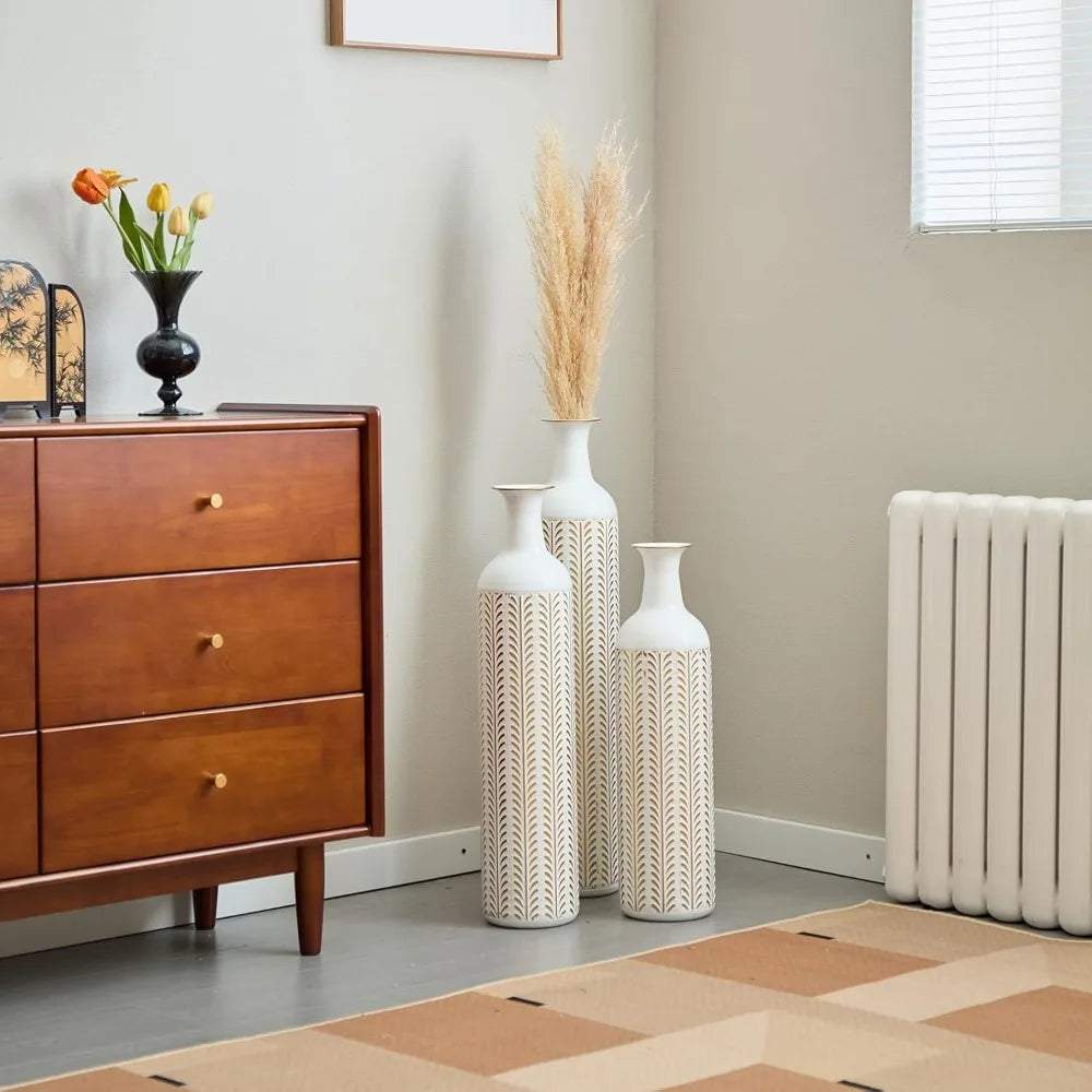 Set of 3 Metal Tall Vases, Large Gold Decorative Vases for Dried Flowers, Modern Living Room Home Decor