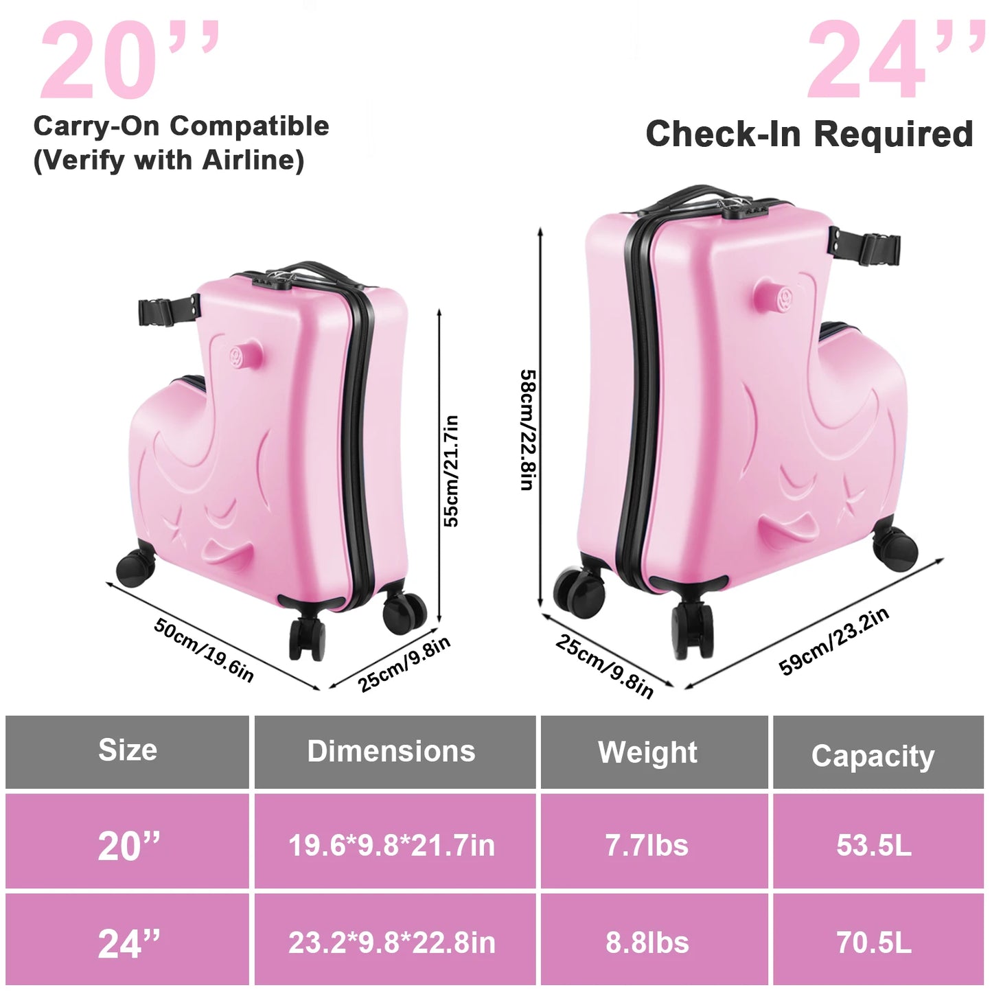 Kids Ride on Luggage Toddler Luggage Seat Ride on Kids Travel Suitcase with Safety Belt,Wheels for Toddler Airplane Travel pink