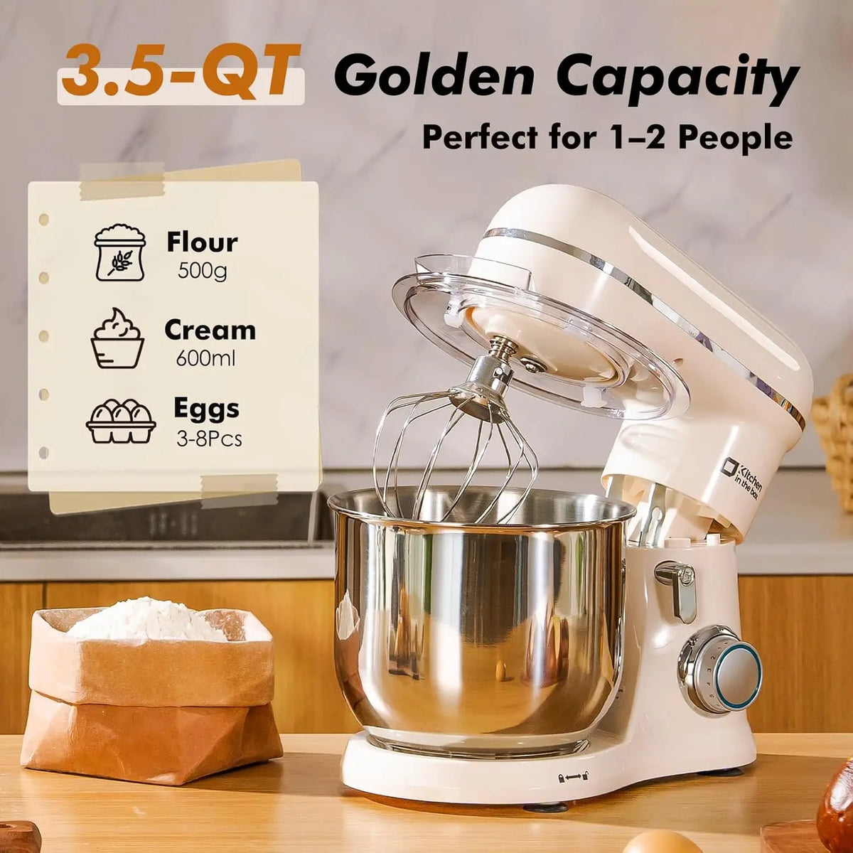 Stand Mixer, 3.5 QT, 10-Speed Electric Kitchen Mixer with Whisk, Hook, Beater - Cream White