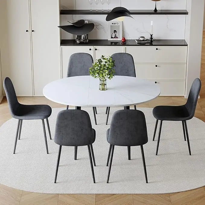 "Round Extendable Dining Table Set for 6 with Upholstered Chairs in White Kitchen Style"