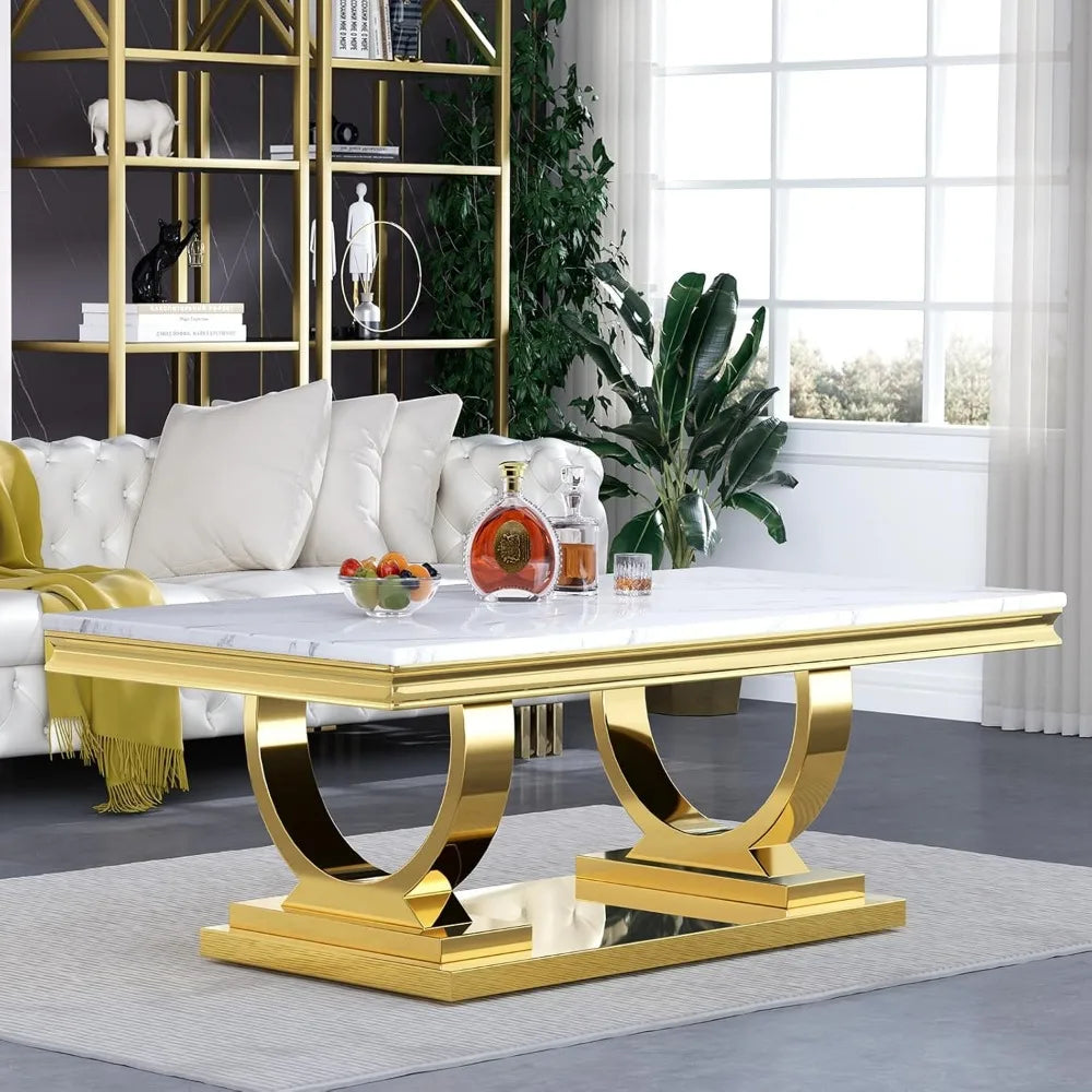 Luxury Marble Coffee Table with Gold Stainless Steel Pedestal Modern 47" Rectangle Coffee Table Elegant White Marble Center Tab
