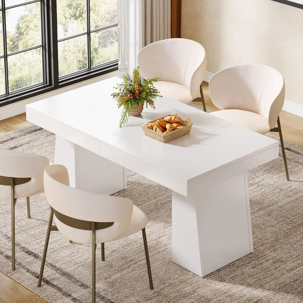 55-Inch Dining Table for 4-6, Rectangular Dining Room Table with Sturdy Legs, Wood Kitchen Dinner Table, Mid-Century