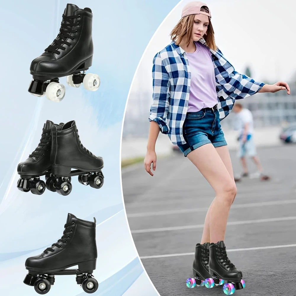 Hot Women Double Row Roller Skates Pu Leather Roller Skate Shoes 4 Wheels Quad Sneakers Outdoor Skating Sport Shoes Breathable