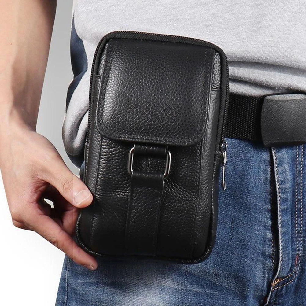 Mini Waist Bag Cowhide Leather Belt Pack Cell Phone Pocket Simple Multi-pockets Fanny Pack Outdoor Portable Casual Wallet Pouch