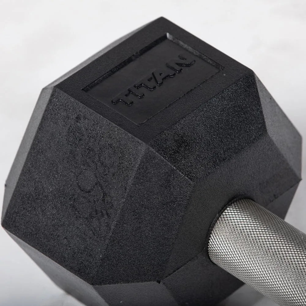 Titan Fitness 25 LB Pair Free Weights, Black Rubber Coated Hex Dumbbell, Straight Stainless Steel Handle, Strength Training, Ful