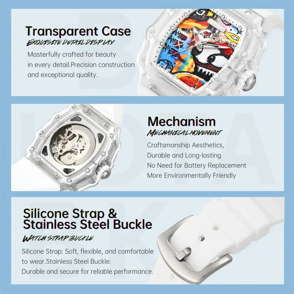 BOZLUN Fashion Creative Movement Mechanical Watch Personalized Comic Octopus Watches  Casual Sports Wristwatches For Mens Women