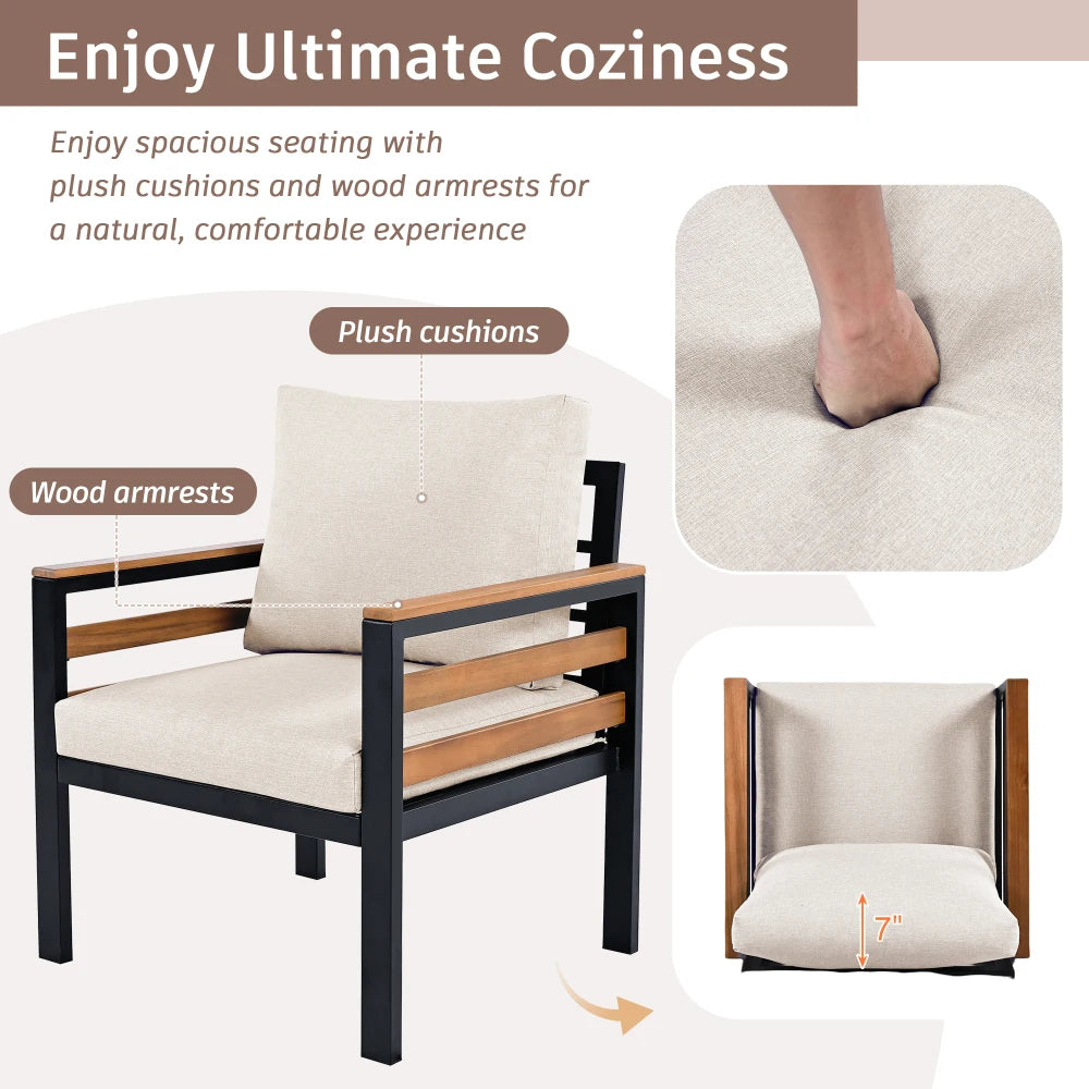 GO 4-Piece Outdoor Furniture Sofa Set for 5 People with Acacia Wood Armrests Patio Conversation Set with Removable Cushion