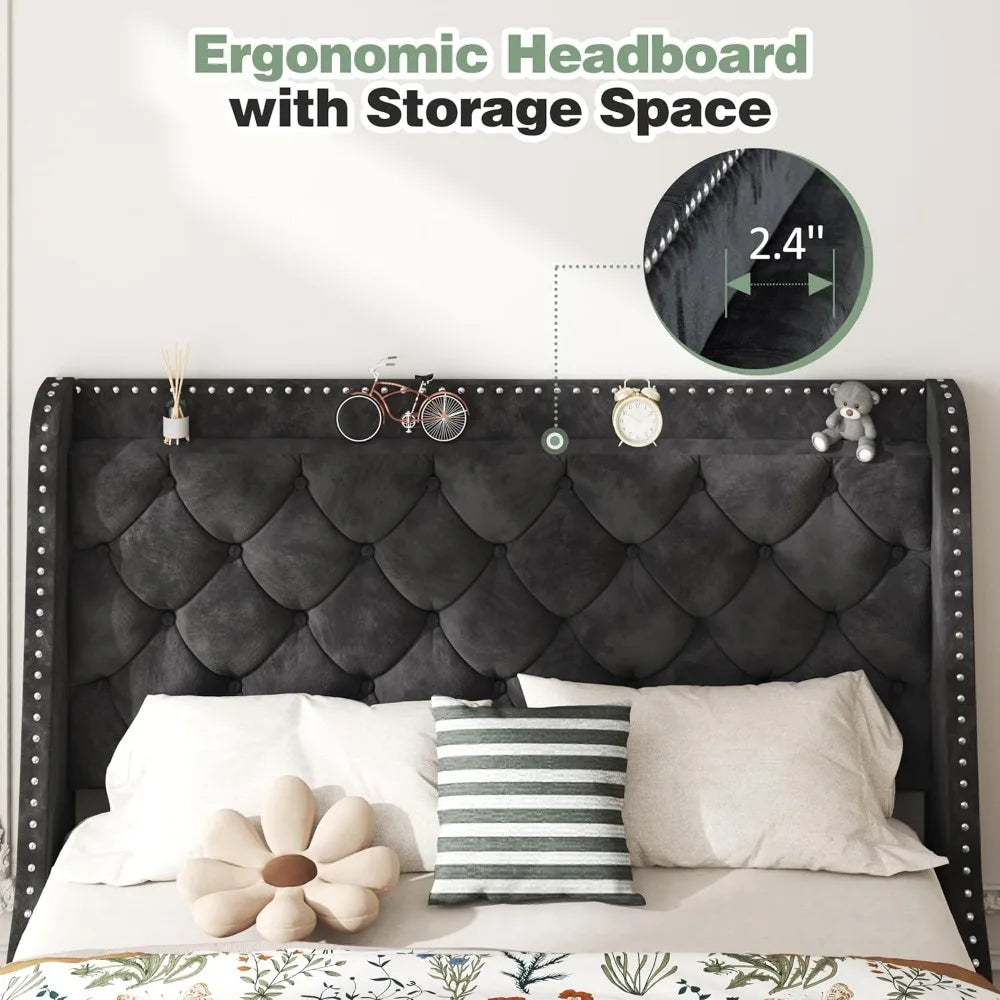 Queen Size Upholstered Bed Frame with Diamond Tufted Headboard, Storage, and Wingback Design