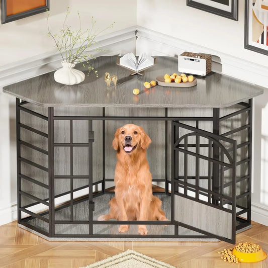corner dog crate furniture, 52 inch large dog kennel indoor wooden end table, modern dog cage decorative pet house tv stand for