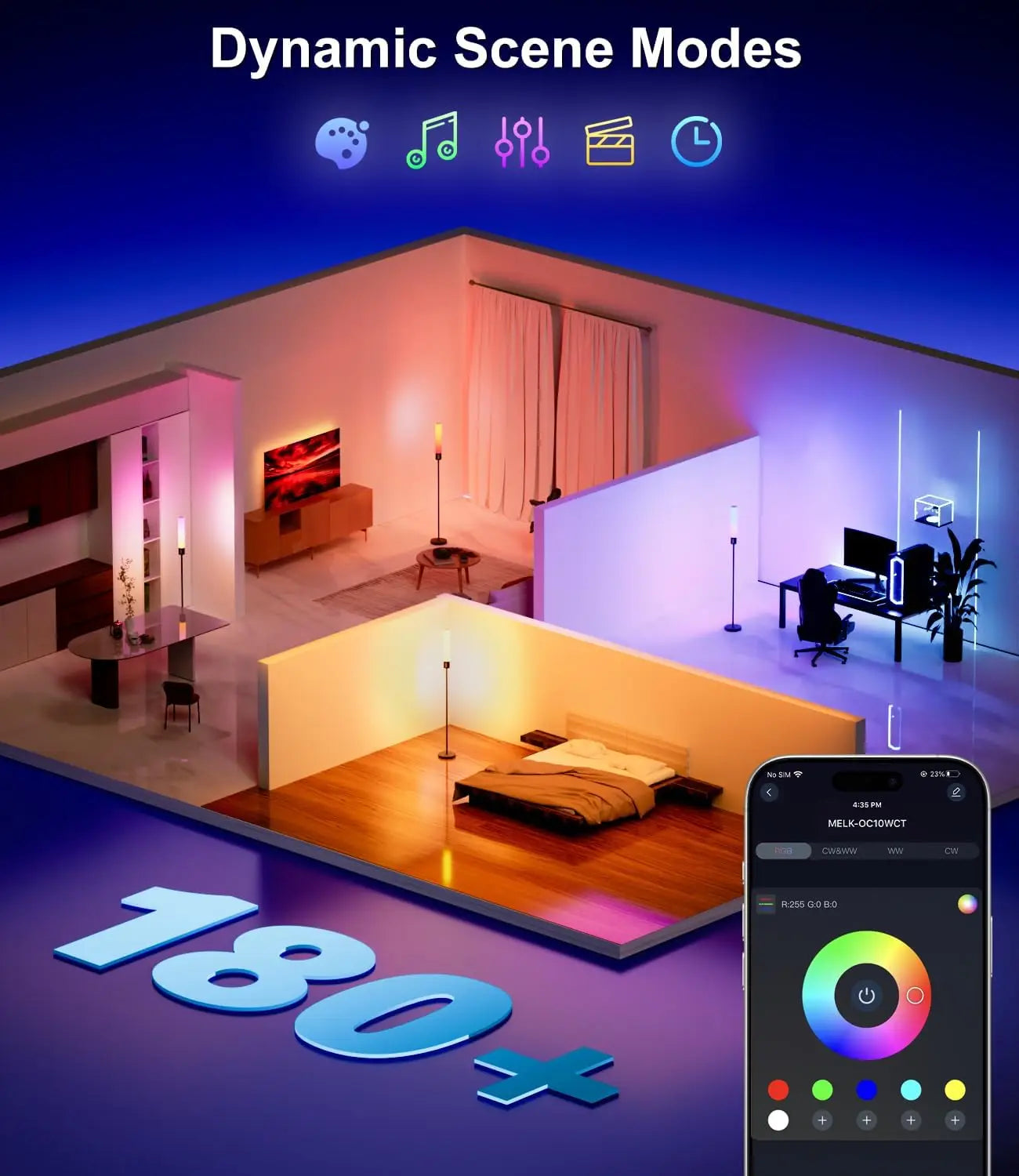 RGBICW Smart Floor Lamp, 1500Lumen, Music Sync, 16M Colors, Dimmable, Remote & App Control LED Lamp for Bedroom, Living Room
