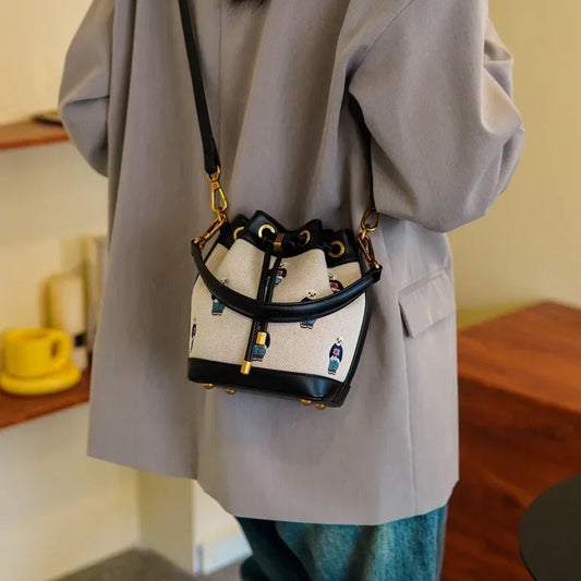 Women's Small Bucket Bag | Collision-color Design, Bear Embroidery Accents, Premium Faux Leather, Simple Casual Style, Versatile