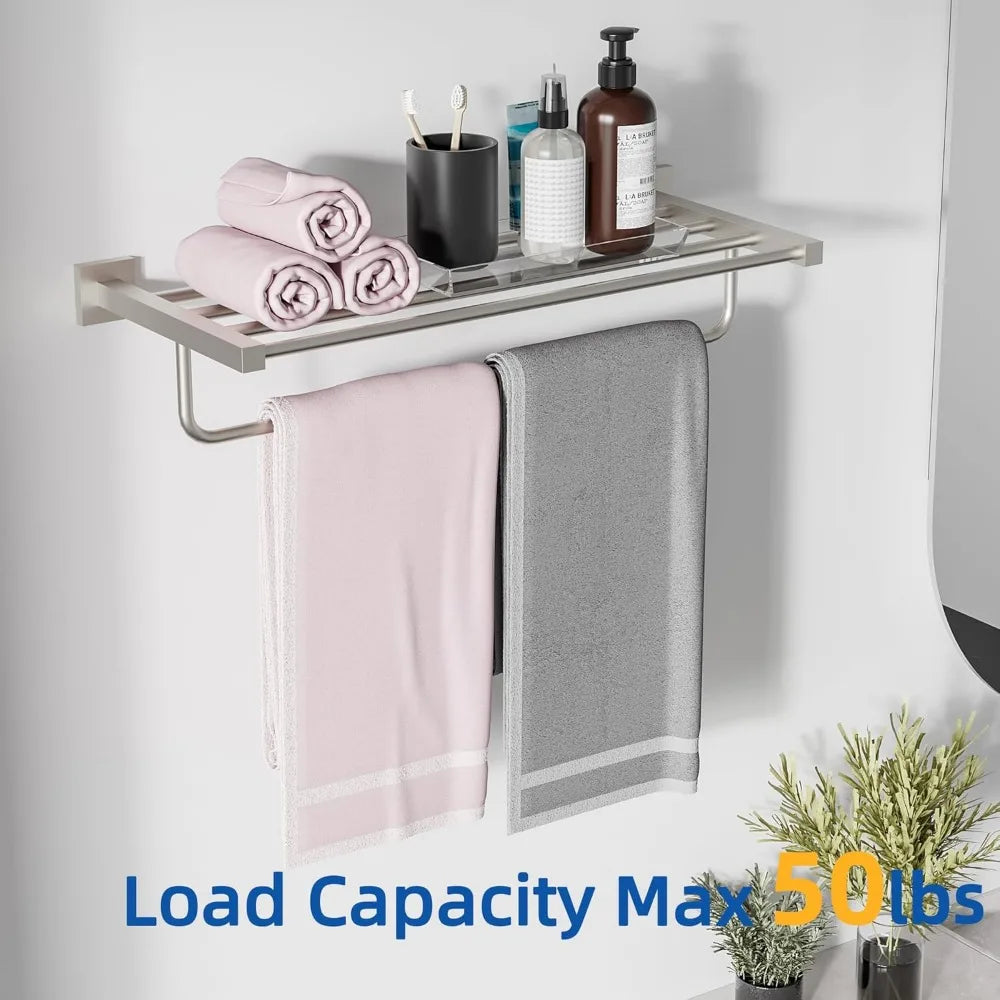 24 Inch Stainless Steel Square Base Towel Rack with Towel Bar, Wall Mounted Bathroom Shelf for Modern Home Decor