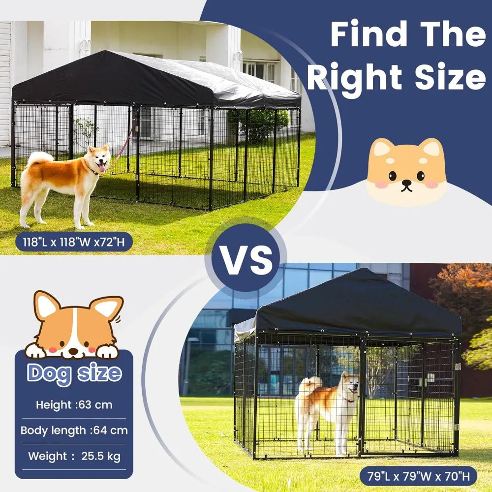 Sturdy Outdoor Dog Enclosure with Roof and Double Locks - Galvanized Steel Kennel Fence (79W x 79D)