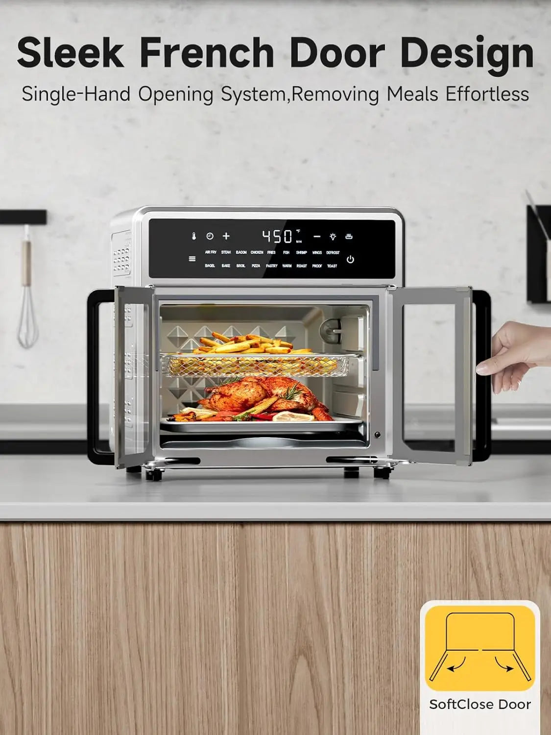 Air Fryer French Door Oven, 15.8 Qt, 18 Presets, Stainless Steel, Compact Toaster Oven Combo