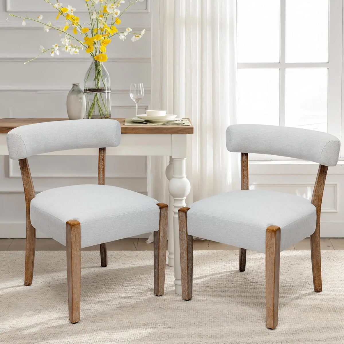 Wooden Dining Chairs Set of2 Upholstered Kitchen&Dining Room Linen Fabric Chairs Mid Century Modern Dining Woven Chairs Low Back