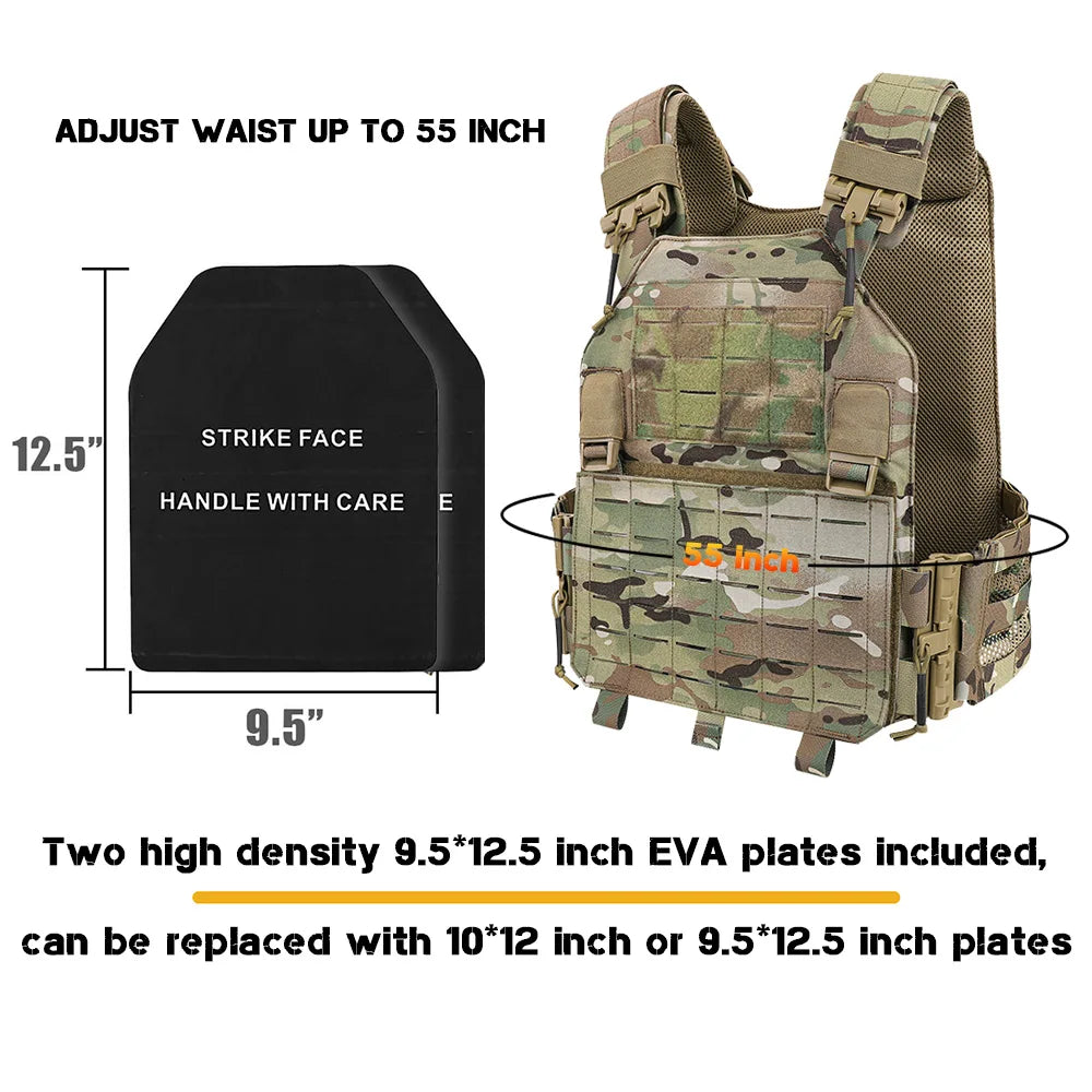 KRYDEX Tactical Vest Molle Laser Cut Front Panel Flap Plate Carrier Quick Release Tube Cummerbund Shoulder Hunting Gear Camo MC