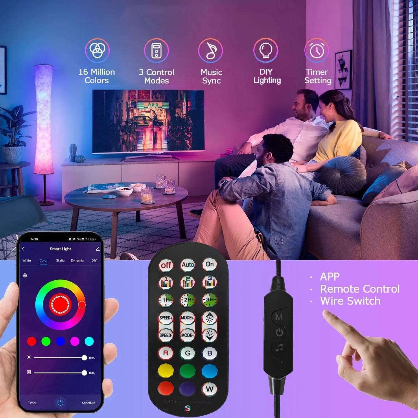 59' Smart LED Floor Lamp, RGB Mood Light with Music Sync, Color Changing, App & Remote Control for Bedroom Living Room
