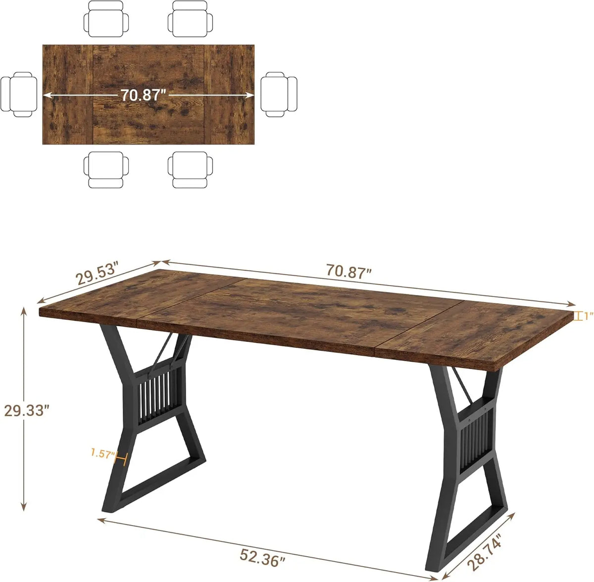 70.8 Inch Large Dining Table for 6-8, Industrial Wooden Kitchen Table with Sturdy Metal Legs, Rectangular Long Dinner Table