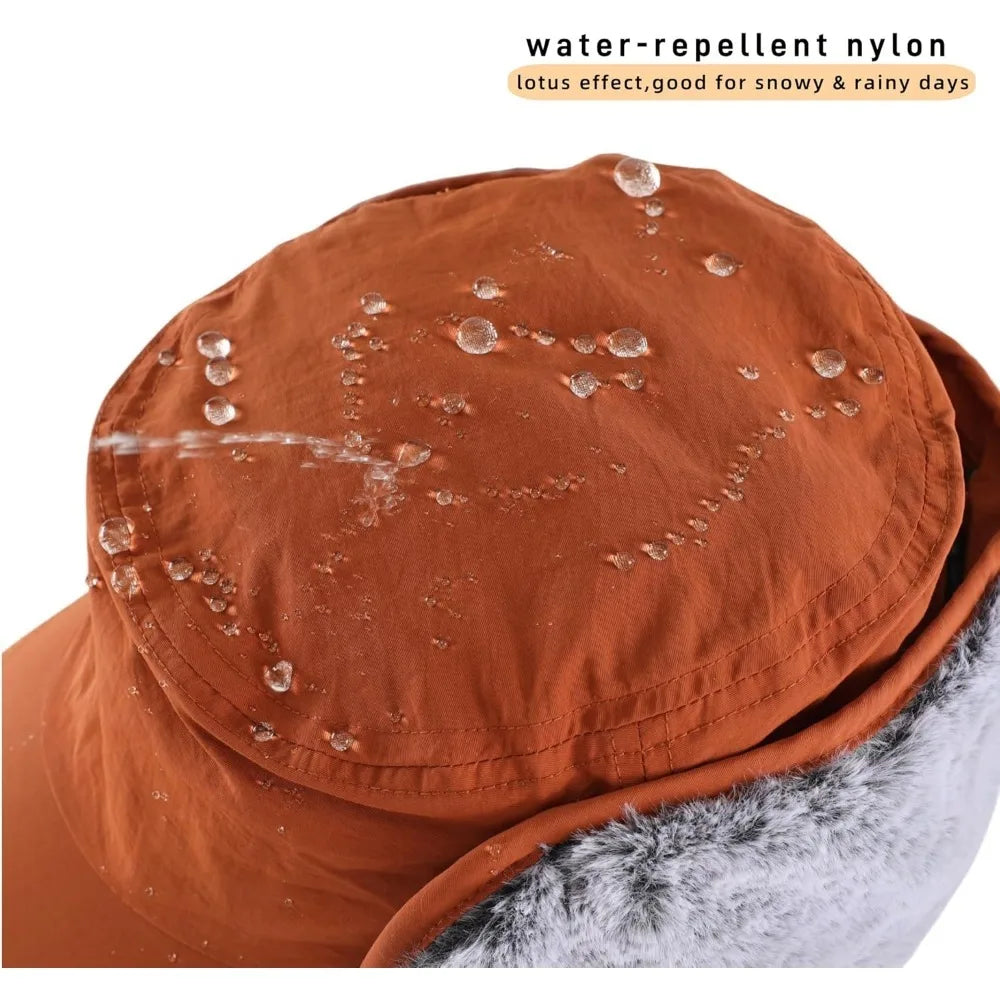 Men's Winter Hat with Visor Warm Earflaps Hat Fully Lined Faux Fur Baseball Cap Trapper Hunting Hats