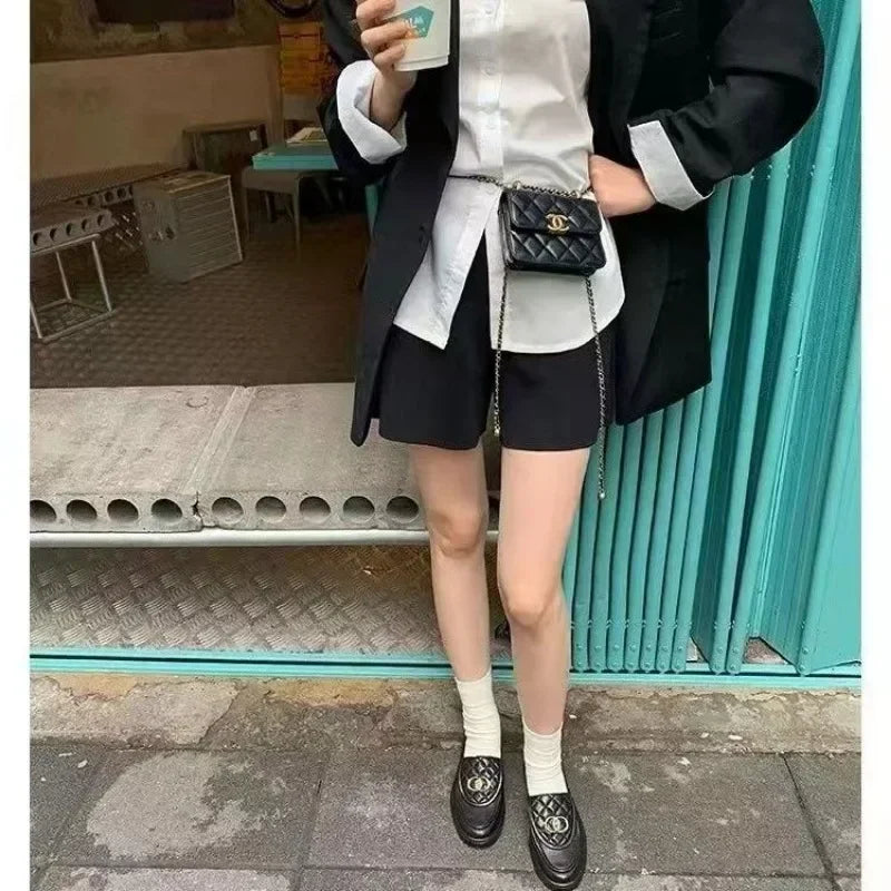 Black Chunky Heel Loafer Shoes For Female Women Autumn New Thick Sole Slip-on Shallow Leather Elegant Fashion Luxury Shoes SC1