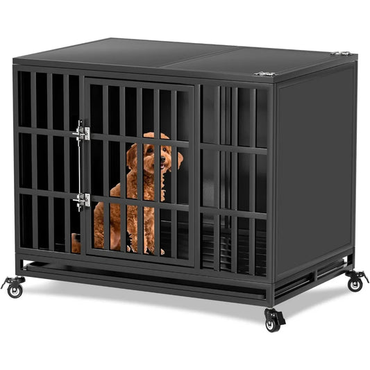 38 inch heavy duty dog crate with self-locking latch, indestructible steel large kennel with enclosed design, chew-proof and esc