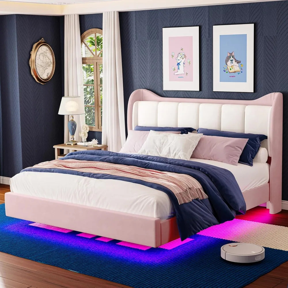 Velvet-Covered King Size Platform Bed Frame with LED Lighting, Headboard Included, Solid Wood Slat Support, No Box Spring Needed