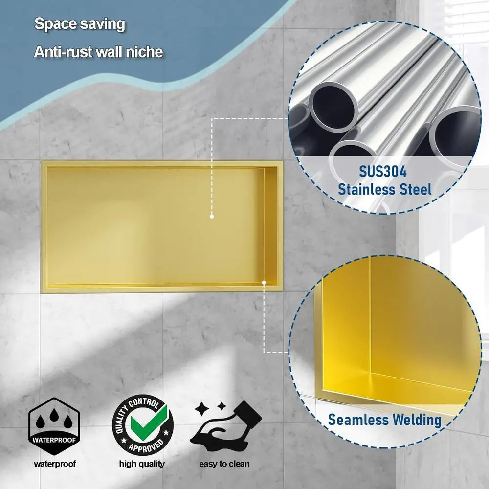 25.1x13.1 Inch Golden Stainless Steel Shower Wall Niche, No Tile Required, Waterproof Recessed Cabinet for Bathroom Storage