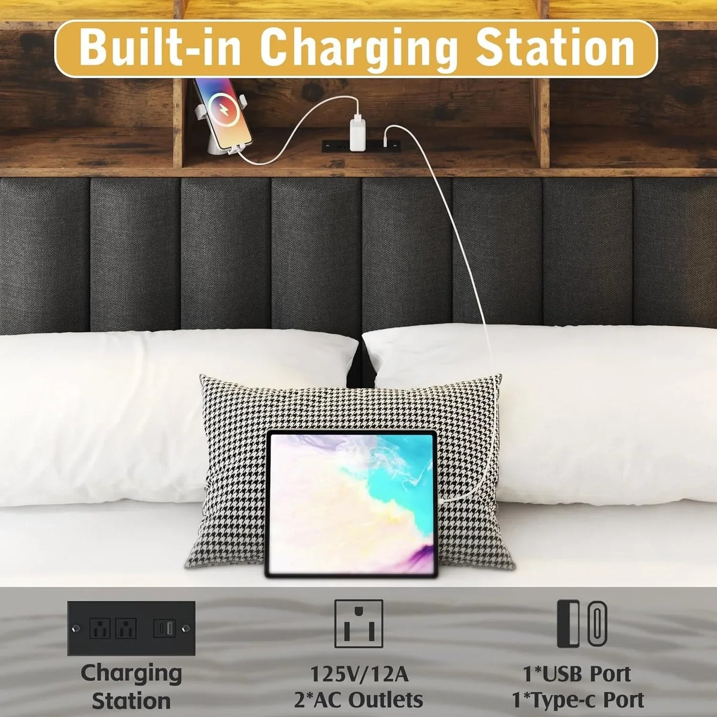 Large bed frame with headboard, high storage bookshelf headboard, 4 storage drawers, charging station and LED, vintage brown