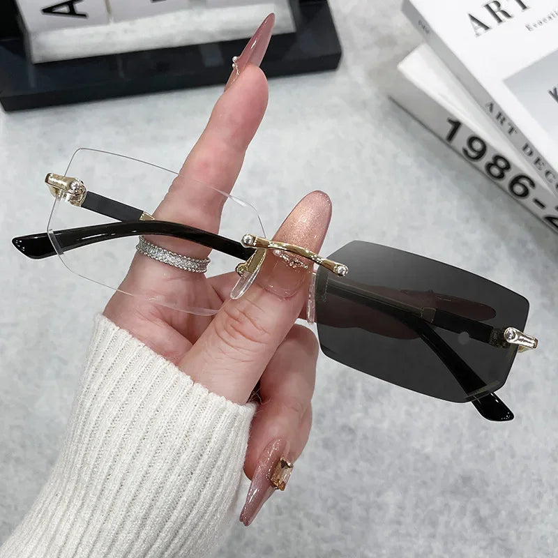 Fashion Rimless Rectangle Sunglasses Popular Women Men Shades Small Square Sun Glasses For Female Male Summer Traveling Oculos