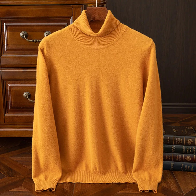 Men 100% Merino Wool Sweater Turtleneck Knitted Pullover Cashmere Warm Solid Color Clothes Business Bottoming Tops Autumn Winter