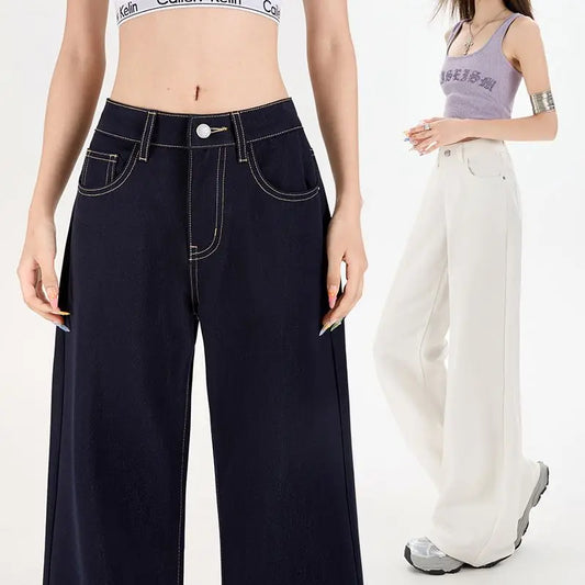Summer Women's Wide Leg Jeans Retro Patchwork Solid Baggy Straight Leg Denim Adjustable Waist High Quality