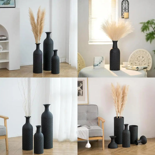 Large Black Tall Vases - Set of 3 Modern Metal Floor Standing Vase with Honeycomb Texture for Living Room Decor