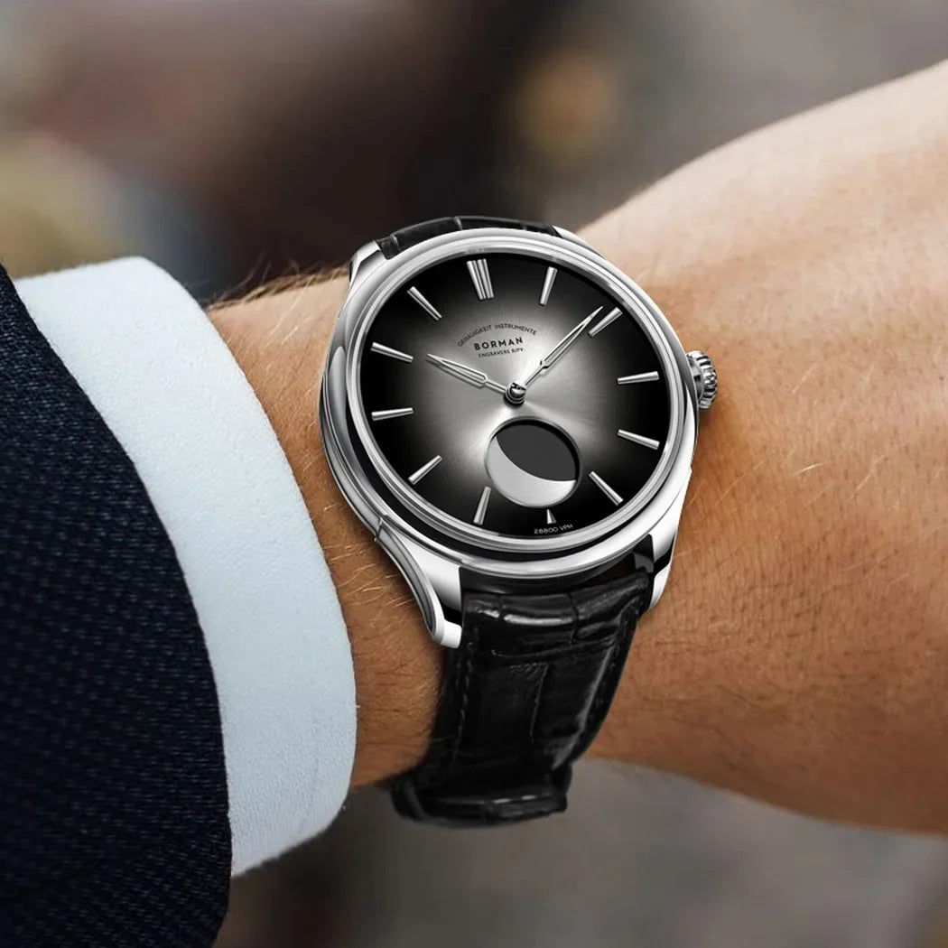 Borman Mens Automatic Watches Luxury Moon Phase Male Watch Mechanical Wristwatch Fashion 50M Waterproof Sapphire Leather Strap