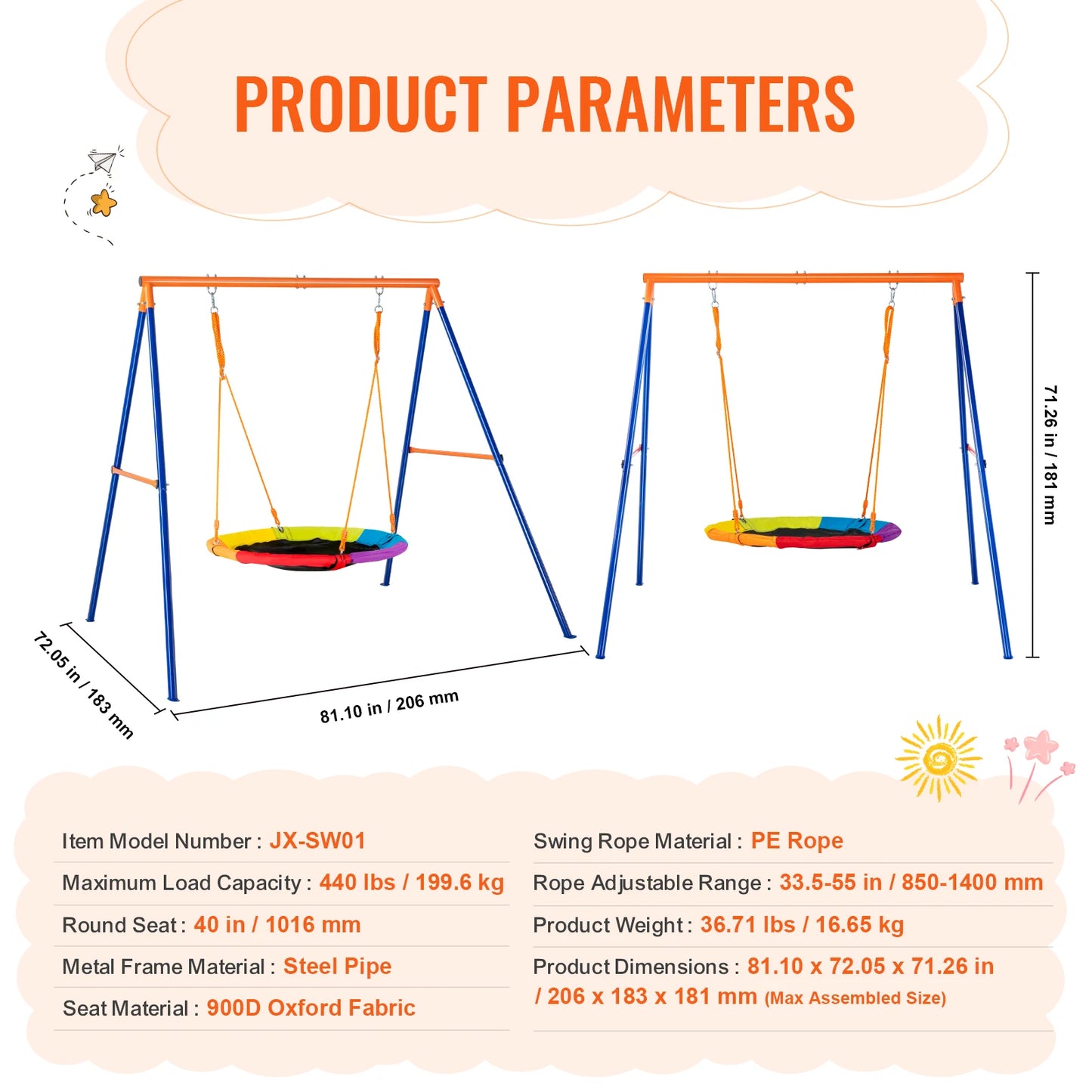 VEVOR Swing Sets for Backyard 600lbs Capacity Swing Set with 1 Saucer Swing Seat 2 Belt Swing Seats Swingset Outdoor for Kids