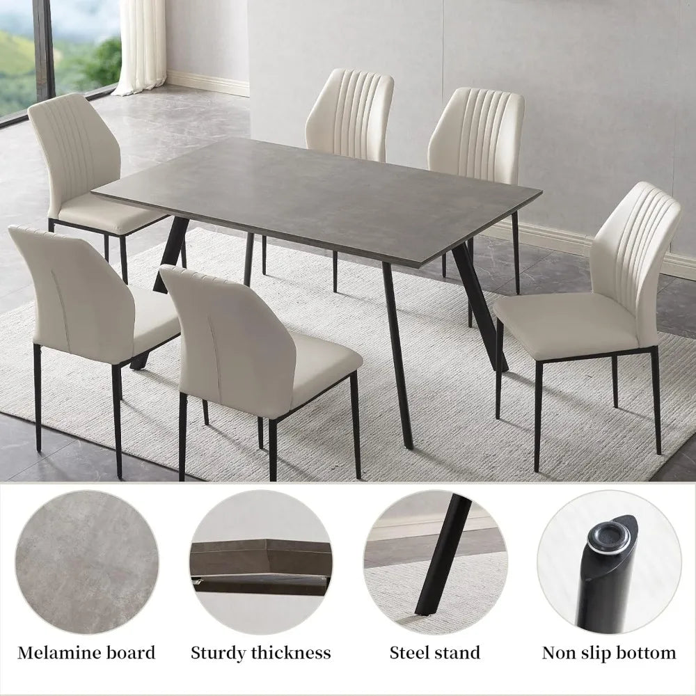 7 Piece Dining Table Set with 6 Chairs 59 Inch Kitchen Table And Chairs Metal Frame Suitable for 4-6 Persons