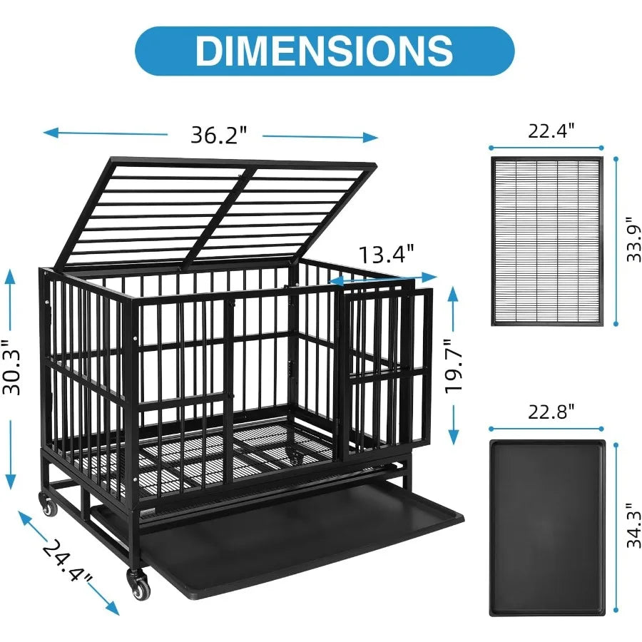 Heavy Duty Dog Kennel 37-Inch with Indestructible Steel Frame Portable Design Featuring Wheels Double Doors for Easy Access Stu