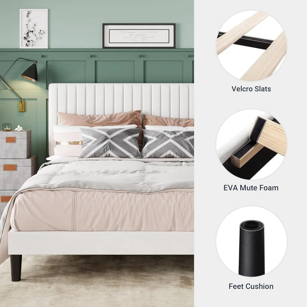 Velvet-Covered Full Size Platform Bed Frame with Adjustable Tufted Headboard and Mattress Support