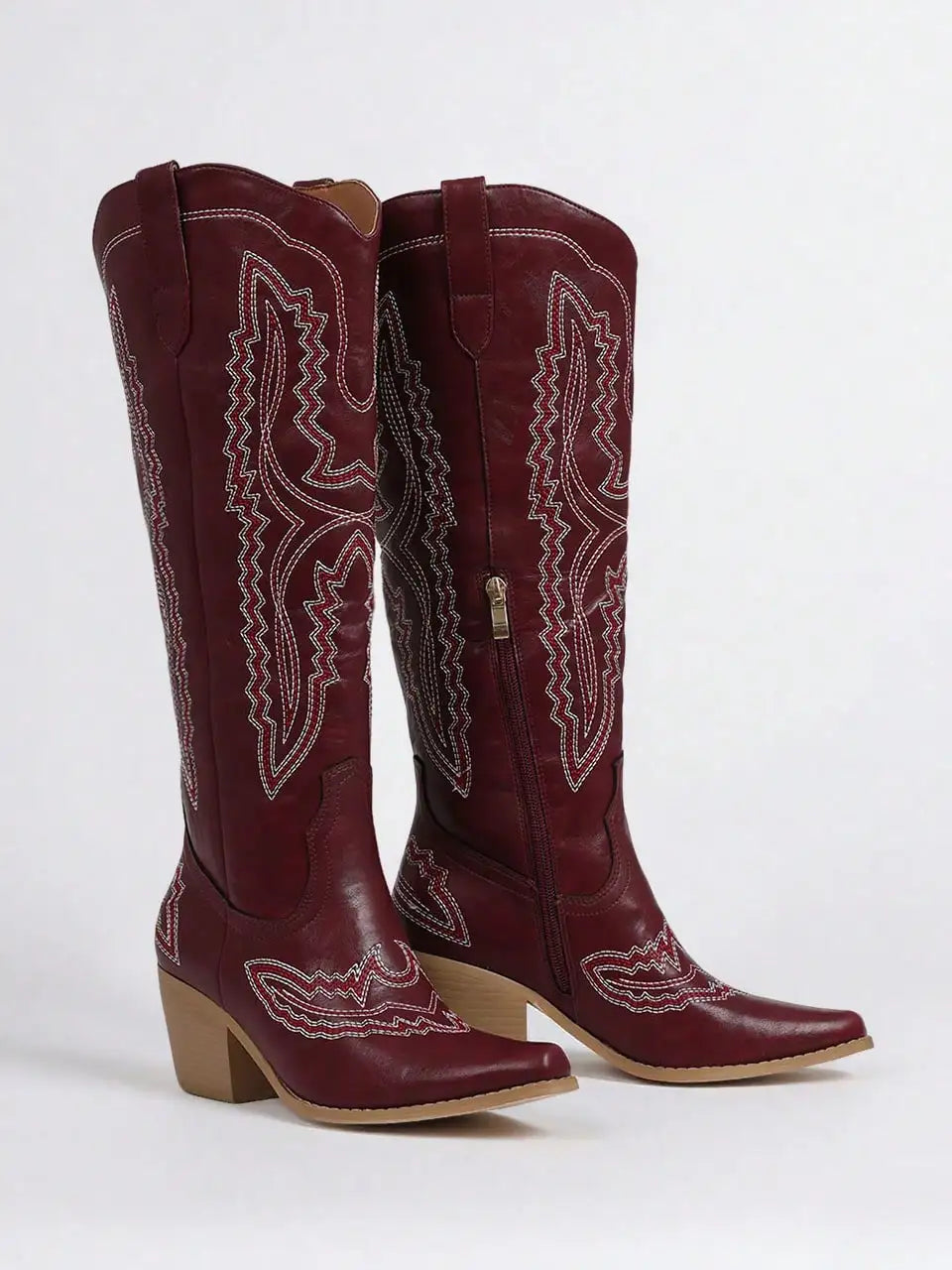 Vintage Embroidered Western Cowgirl Boots For Women Point Toe Chunky Heels Cowboy Knee High Boots Outdoor Shoes Fall Winter