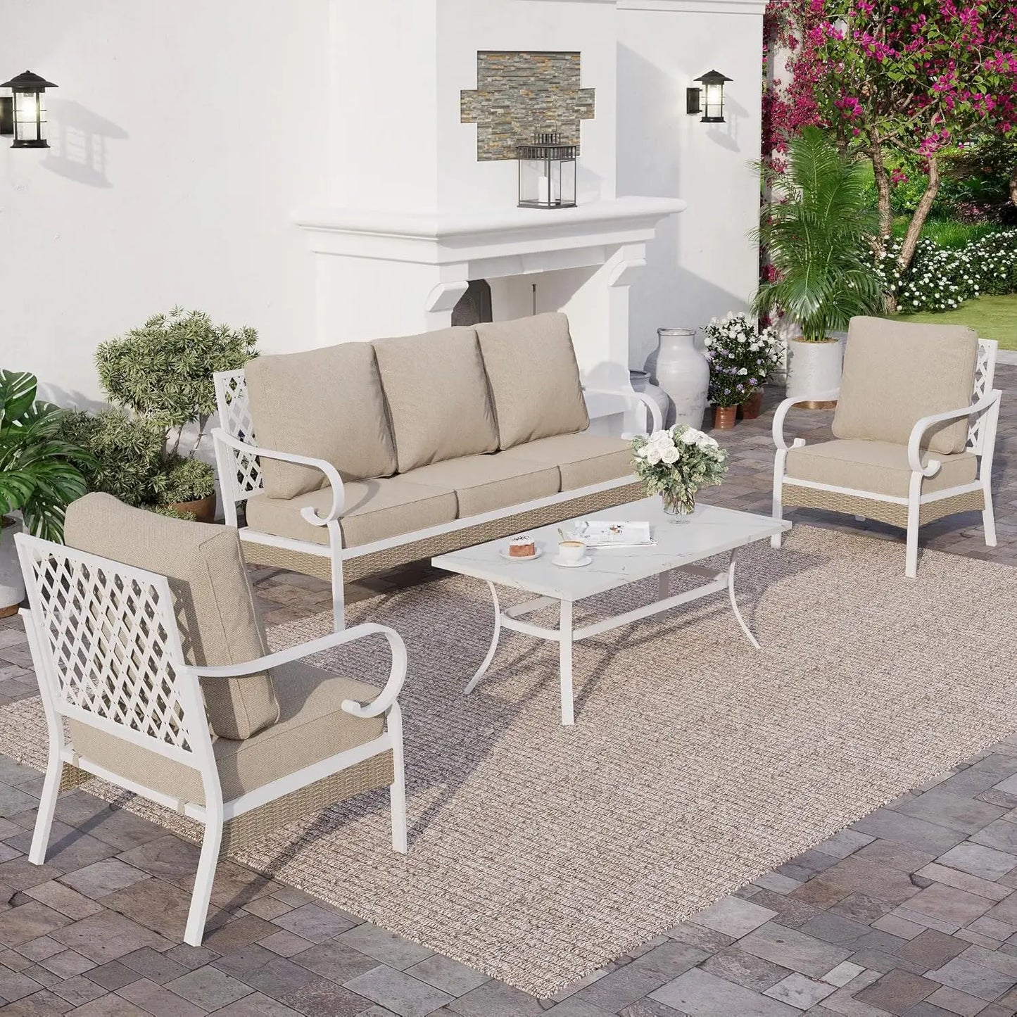 4 Piece Metal Outdoor Patio Furniture Set, Patio Conversation Sets 1 2-Seater Sofa, 2 Single Sofa with 5.75" Extra Thick Cushion