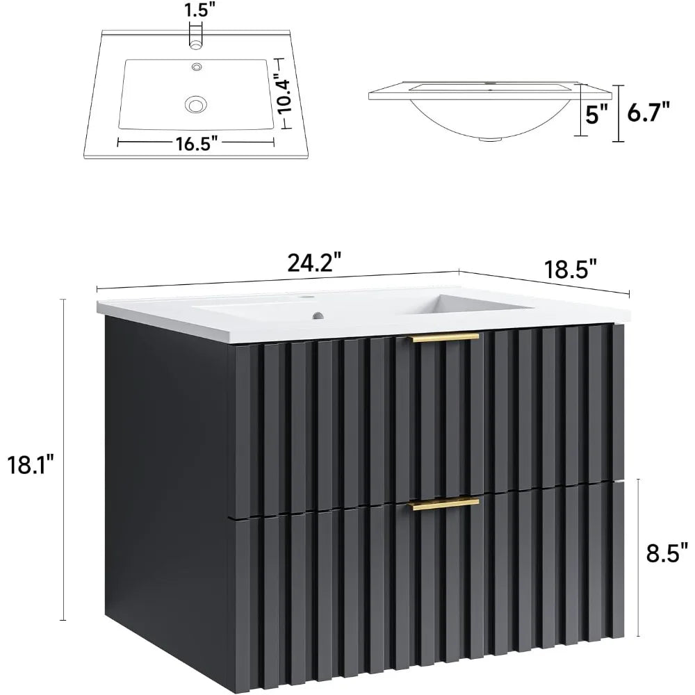 24 Inch Bathroom Vanity with Sink Combo, Floating Bathroom Vanity with 2 Fluted Drawers & Metal Handle,Modern Wall Mount Storage