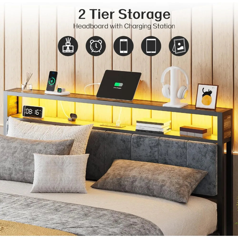 Metal Queen Bed Frame with 2-Tier Storage, LED Light Headboard, and Charging Station Type C