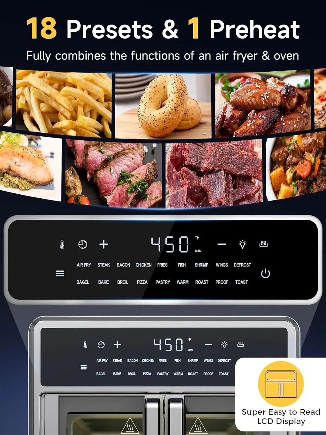 Air Fryer French Door Oven, 15.8 Qt, 18 Presets, Stainless Steel, Compact Toaster Oven Combo
