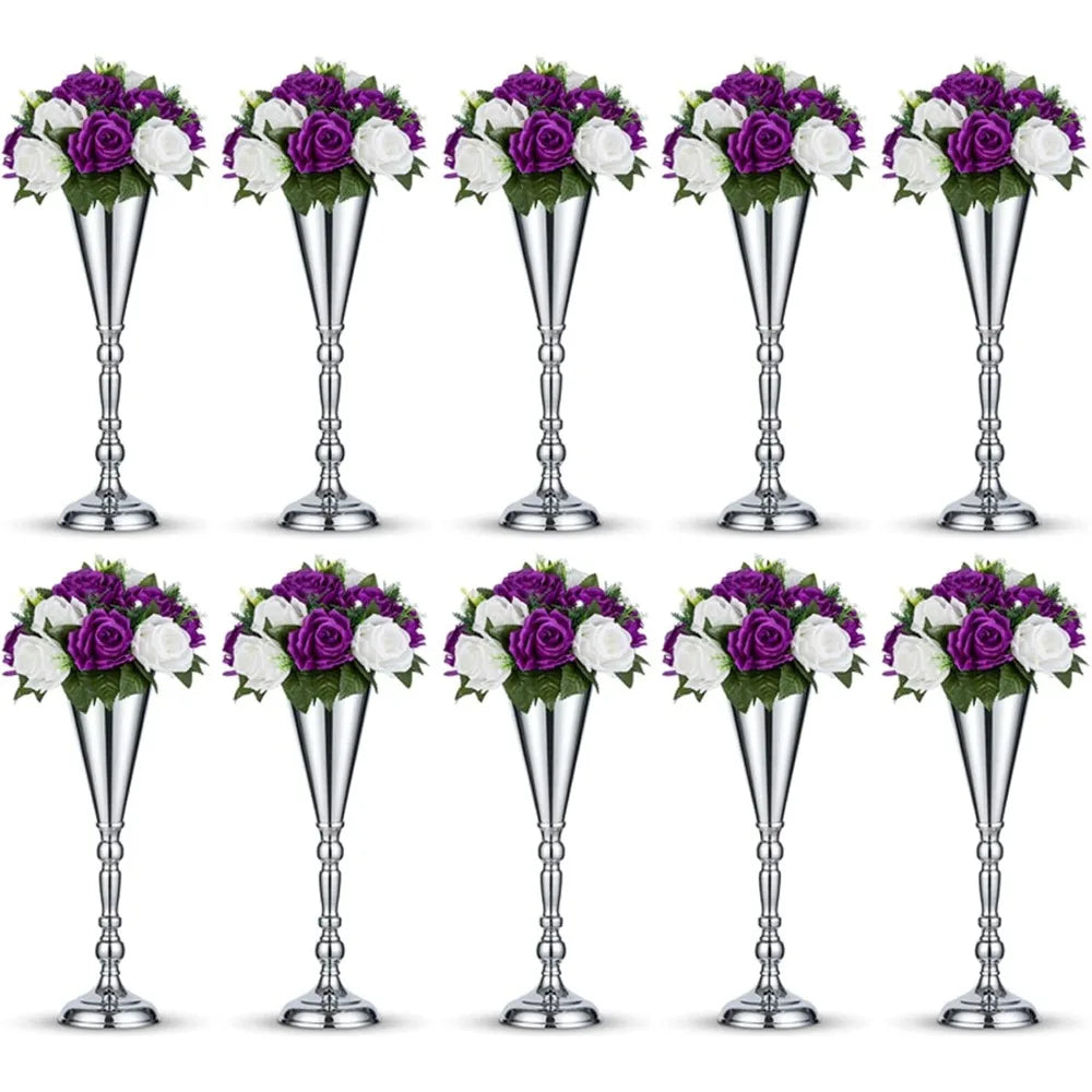 Elegant 16.5 Inch Silver Metal Flower Trumpet Vases for Wedding Table Centerpieces, Set of 10, Artificial Flower Arrangements