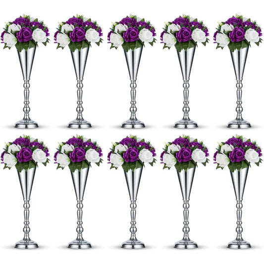 Elegant 16.5 Inch Silver Metal Flower Trumpet Vases for Wedding Table Centerpieces, Set of 10, Artificial Flower Arrangements
