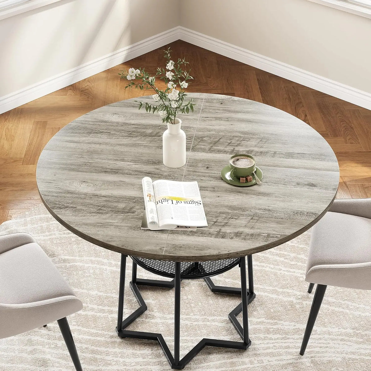Rustic Round Dining Table Farmhouse Kitchen Table Dinner Table with Metal Base for Dining Room, Kitchen, Living Room
