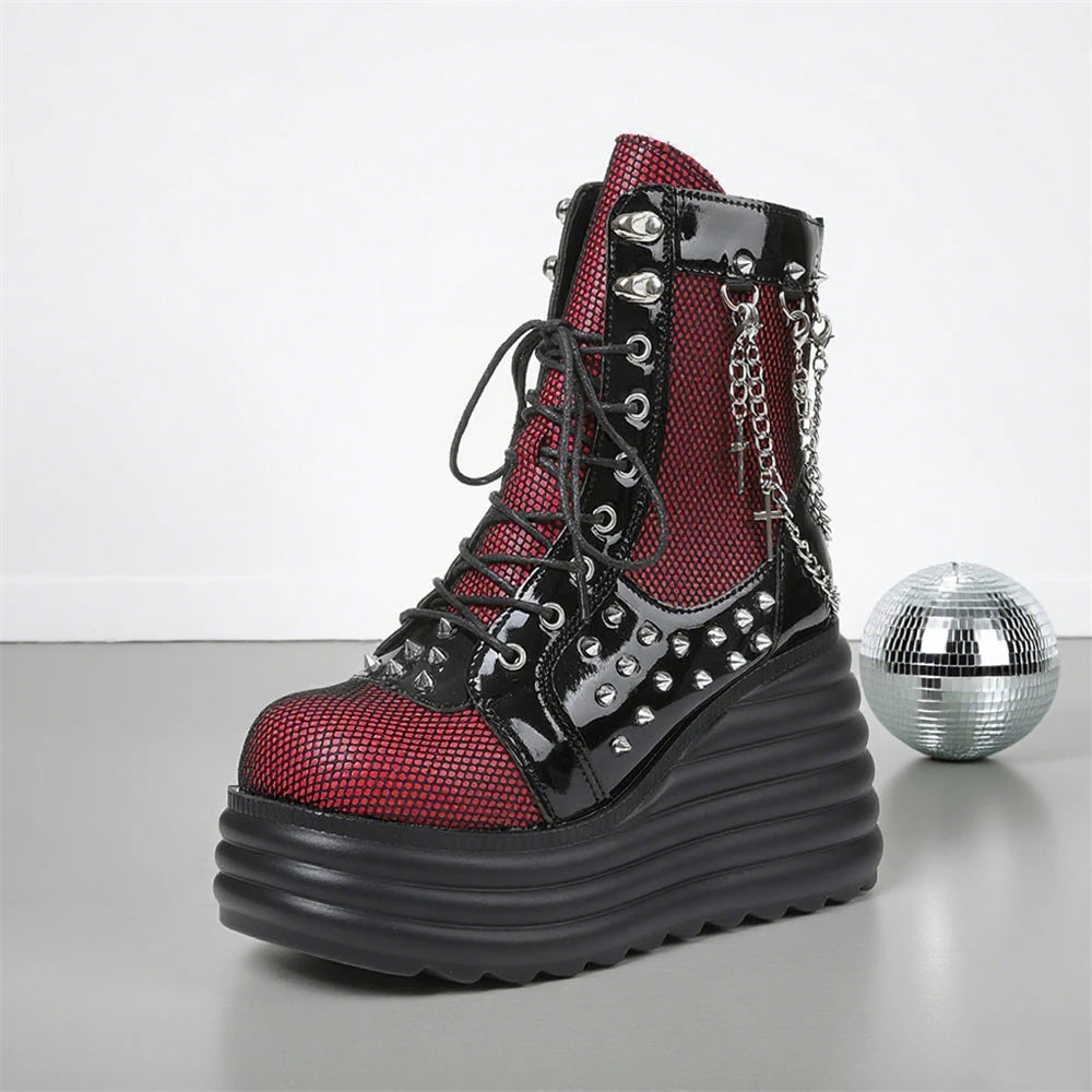 Gothic Y2k Women Ankle Boots Punk Wedges High Heels Platform Stacked Sole Metal Rivet Chain Decor Short Boots For Woman Autumn W