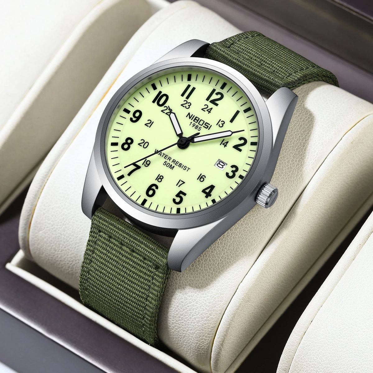 NIBOSI Mens Watches Analog Military Watch with Calendar Luminous Dial Green Nylon Strap Waterproof Men's Wrist Watches Vintage