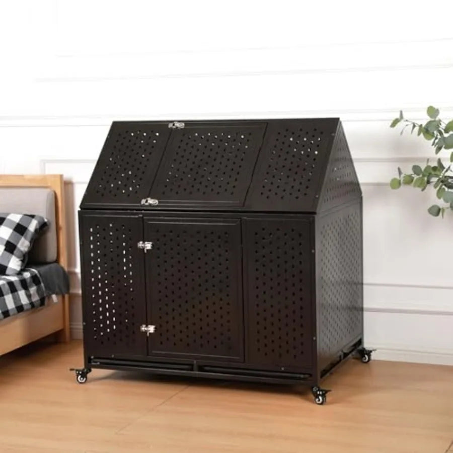 44 Inch Heavy Duty Indestructible Dog Crate Steel Escape Proof Chew Proof Cage Indoor Double Door Kennel for High Anxiety Large