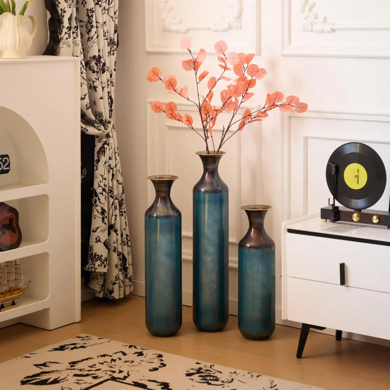 Large Floor Metal Vases Decorated Aqua Blue Set Of 3 Gorgeous Home Decoration accessories Living Room Shipping from the USA